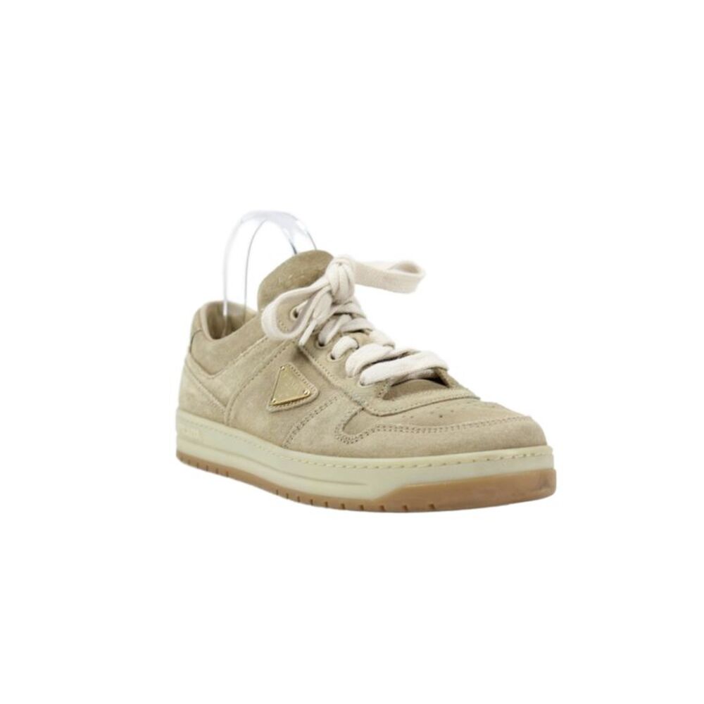 Prada Womens Leather Gold Logo Low Top Sneakers Light Brown Size 7